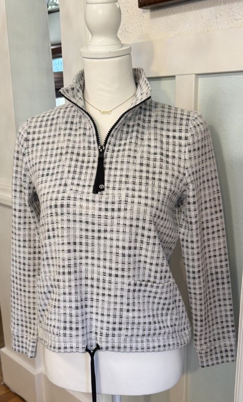 T By Talbots Quarter Zip Jacket Women's White Black Check Plaid Size P Crop